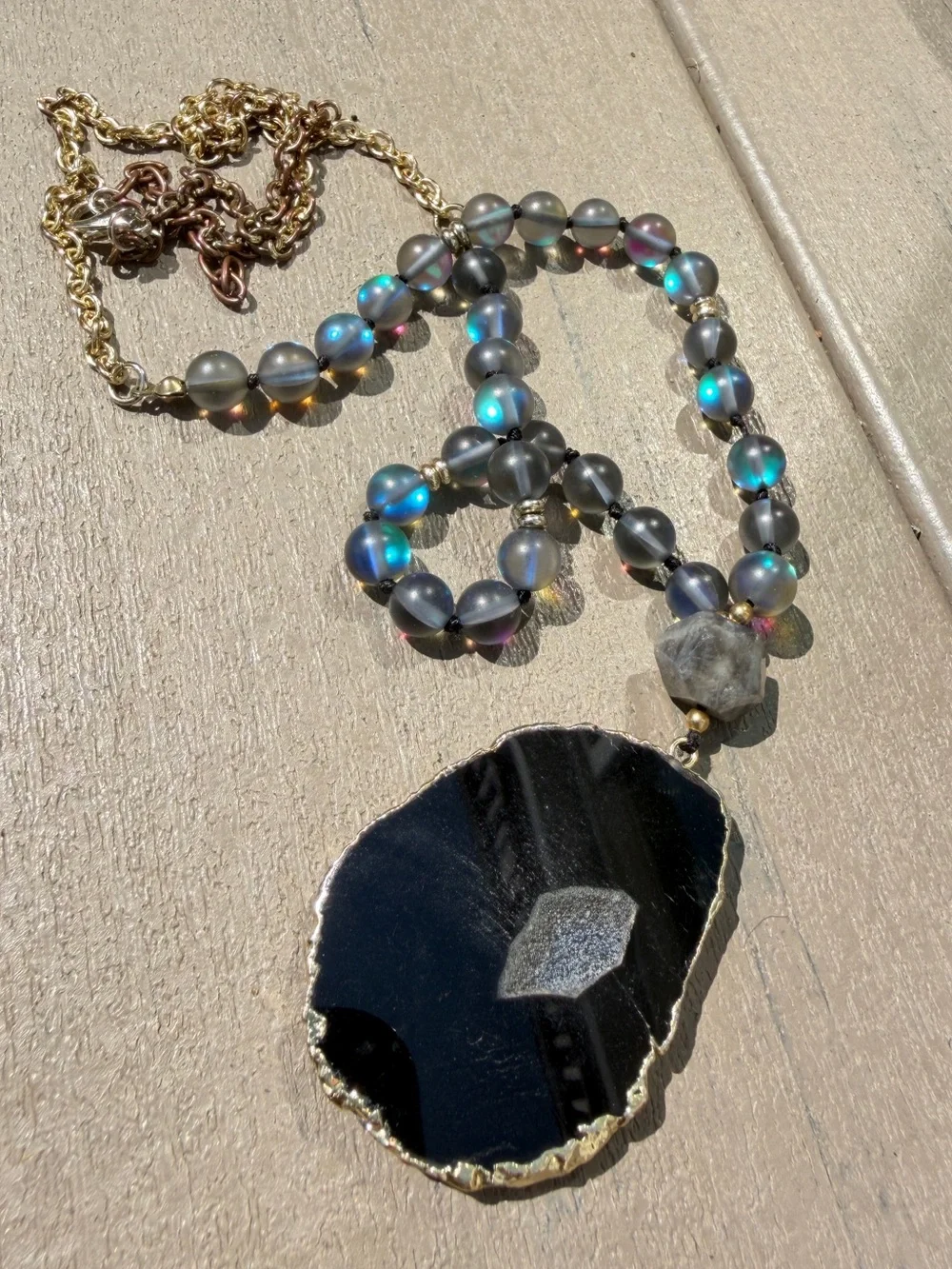 28” gold tone necklace w/ slab/druzy pendant, larvakite, and mermaid glass!